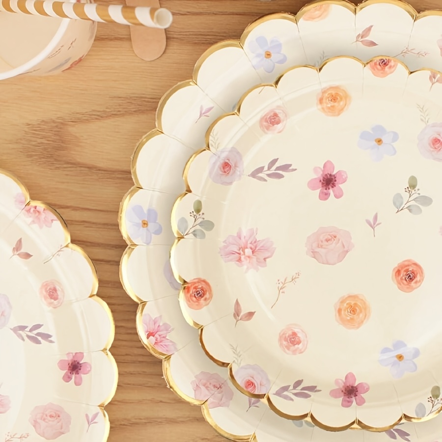   50pcs gilded floral party plates 7 9 inch dual sizes gilded wavy   design thickened oil proof food grade material suitable for mothers day bestie   easter ladies bachelorette parties