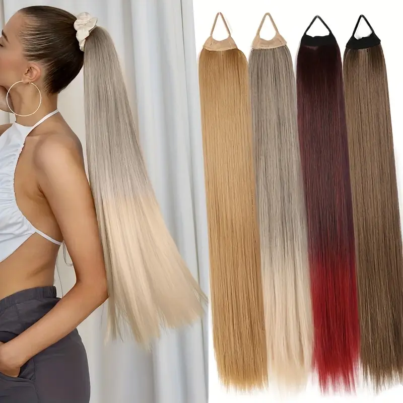 55.88cm long straight synthetic clip-in ponytail extension for women - soft rubber band, natural look, easy to style, everyday or special occasions, ponytail hair extensions details 0