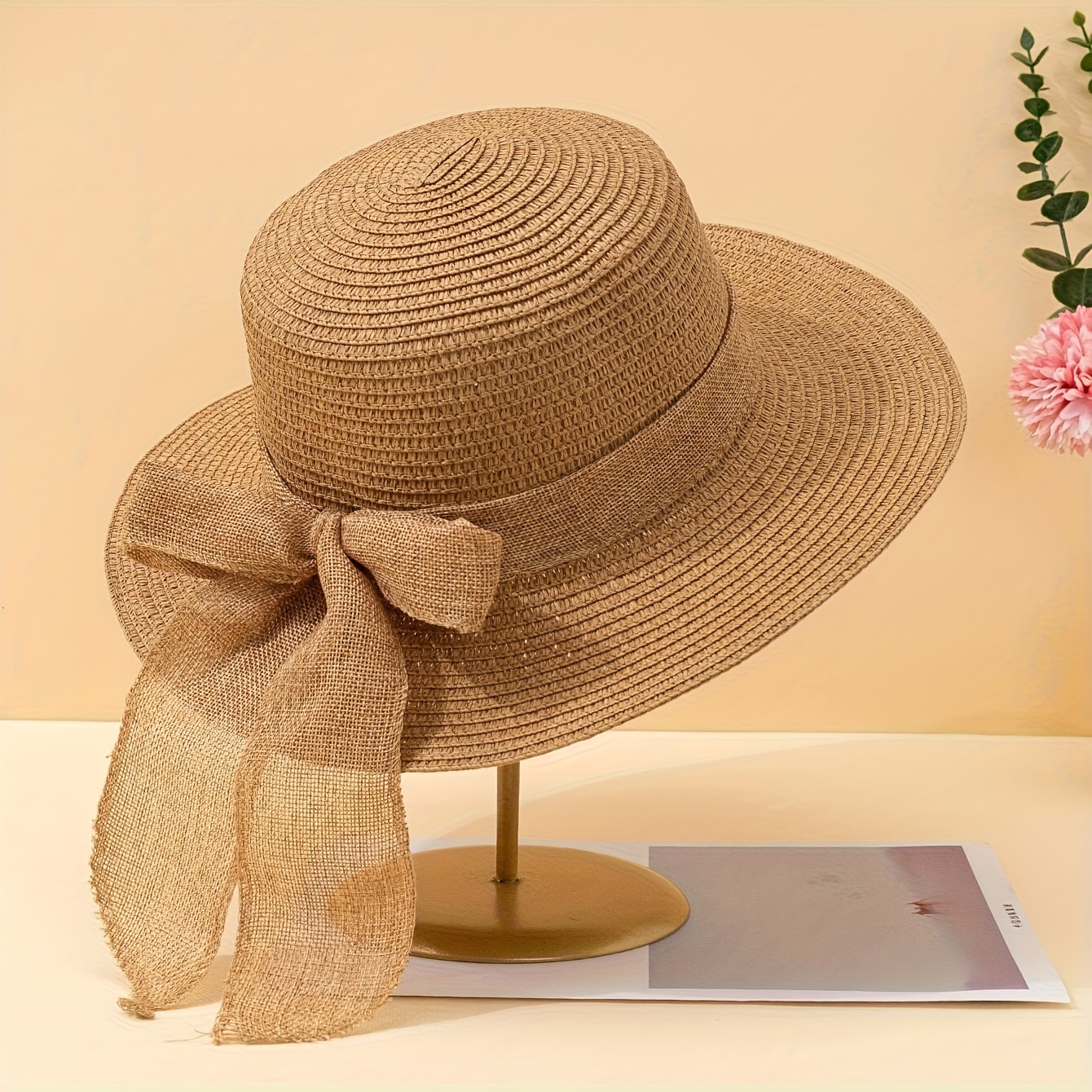 TEMU Damen-Mode-Strohhut mit flachem Schirm Schleifenband-Dekor, breite Krempe, geeignet für Sommer-Strandurlaube die Hochzeitssaison