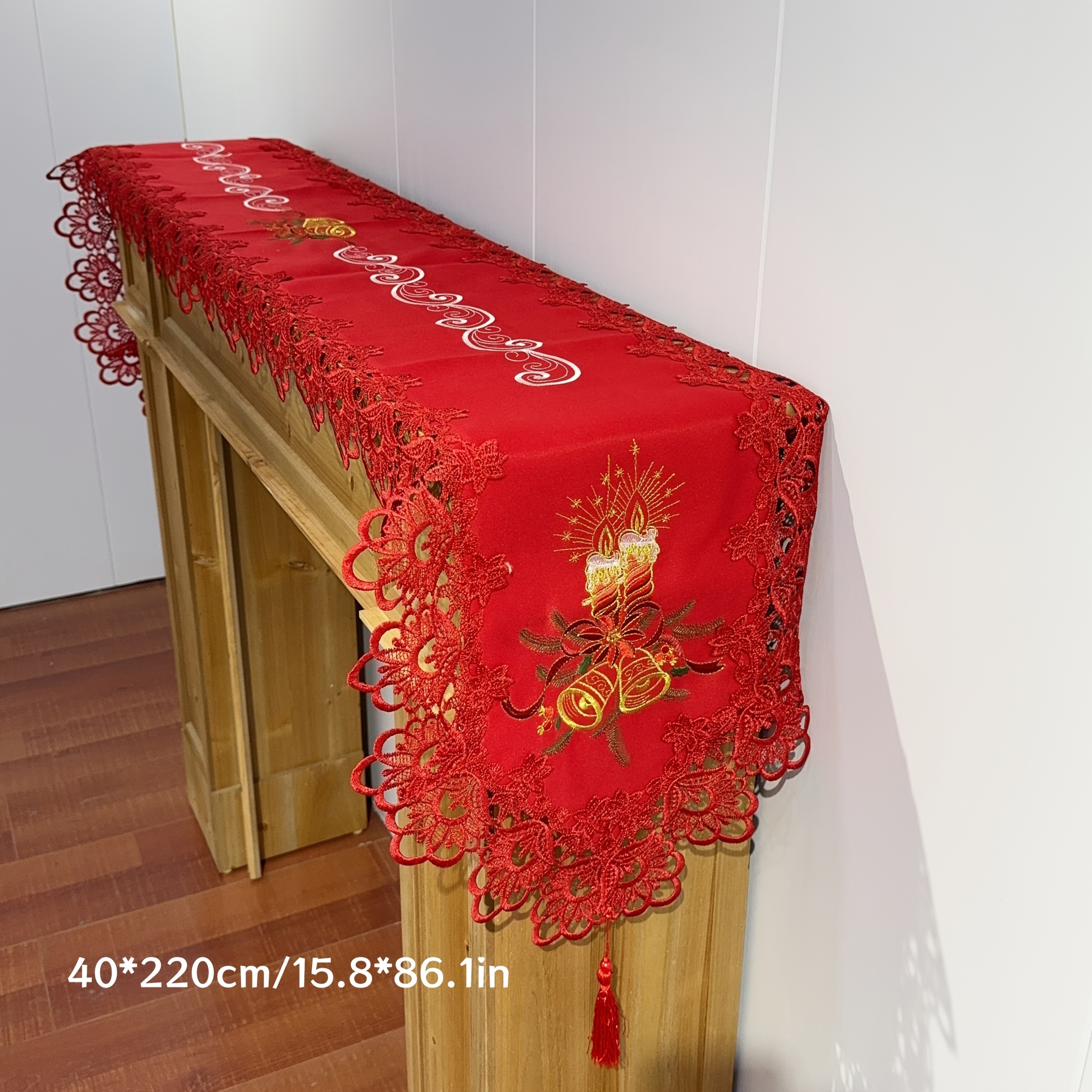 Image of A Bell Candle Table Runner, Handcrafted With Polyester Embroidery And Lace Tassels, Suitable For Dining Tables, Coffee Tables, Tv Cabinets, Sideboards, Everyday Home Use, And Christmas Parties