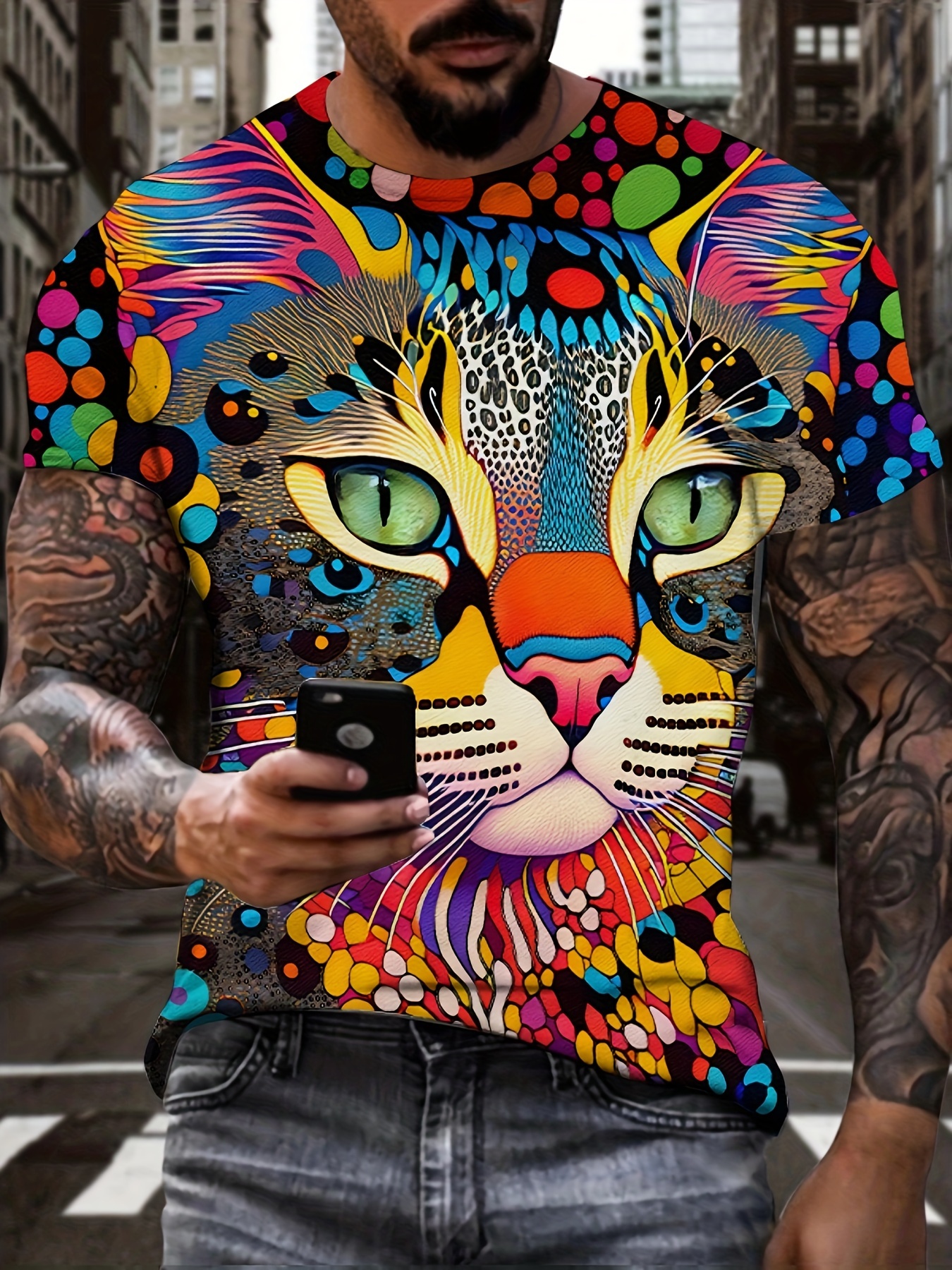 Colorful Art Cat 3D Digital Pattern Print Men's Graphic T-shirts, Causal  Comfy Tees, Short Sleeves Comfortable Pullover Tops, Men's Summer Clothing