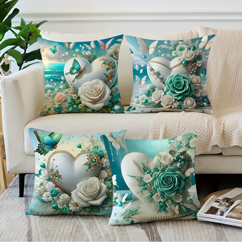 

4-pack Valentine's Day Heart & Floral Throw Pillow Covers, 18x18 Inch, Contemporary Style, Zipper Closure, Machine Washable, Woven Polyester Decorative Pillowcases For Home And Bedroom Sofa