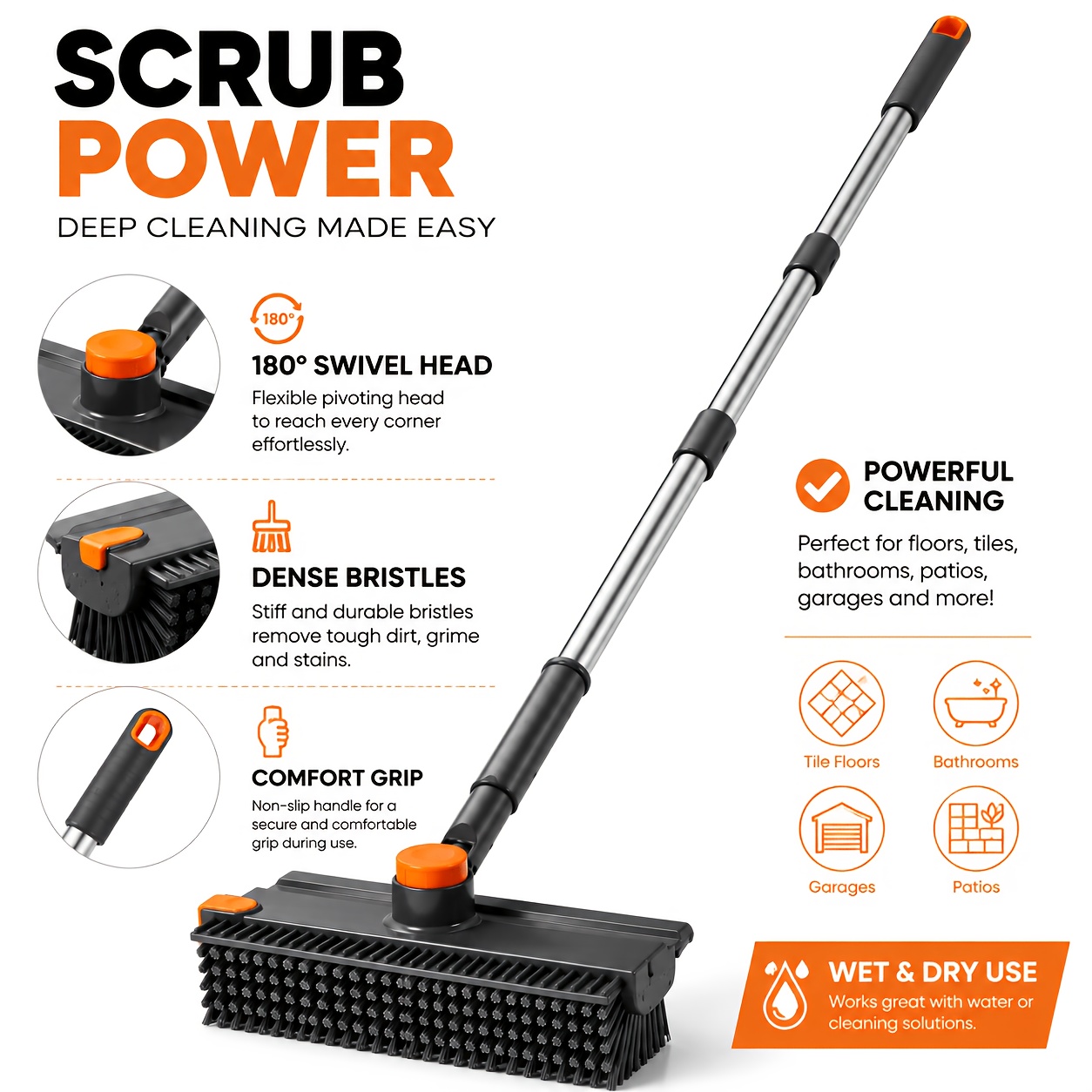 TEMU 180° Rotating Floor Scrub Brush With Long Handle, Heavy Duty Tile Cleaner For Bathroom Shower Kitchen Patio Garage, Deep Cleaning Broom With