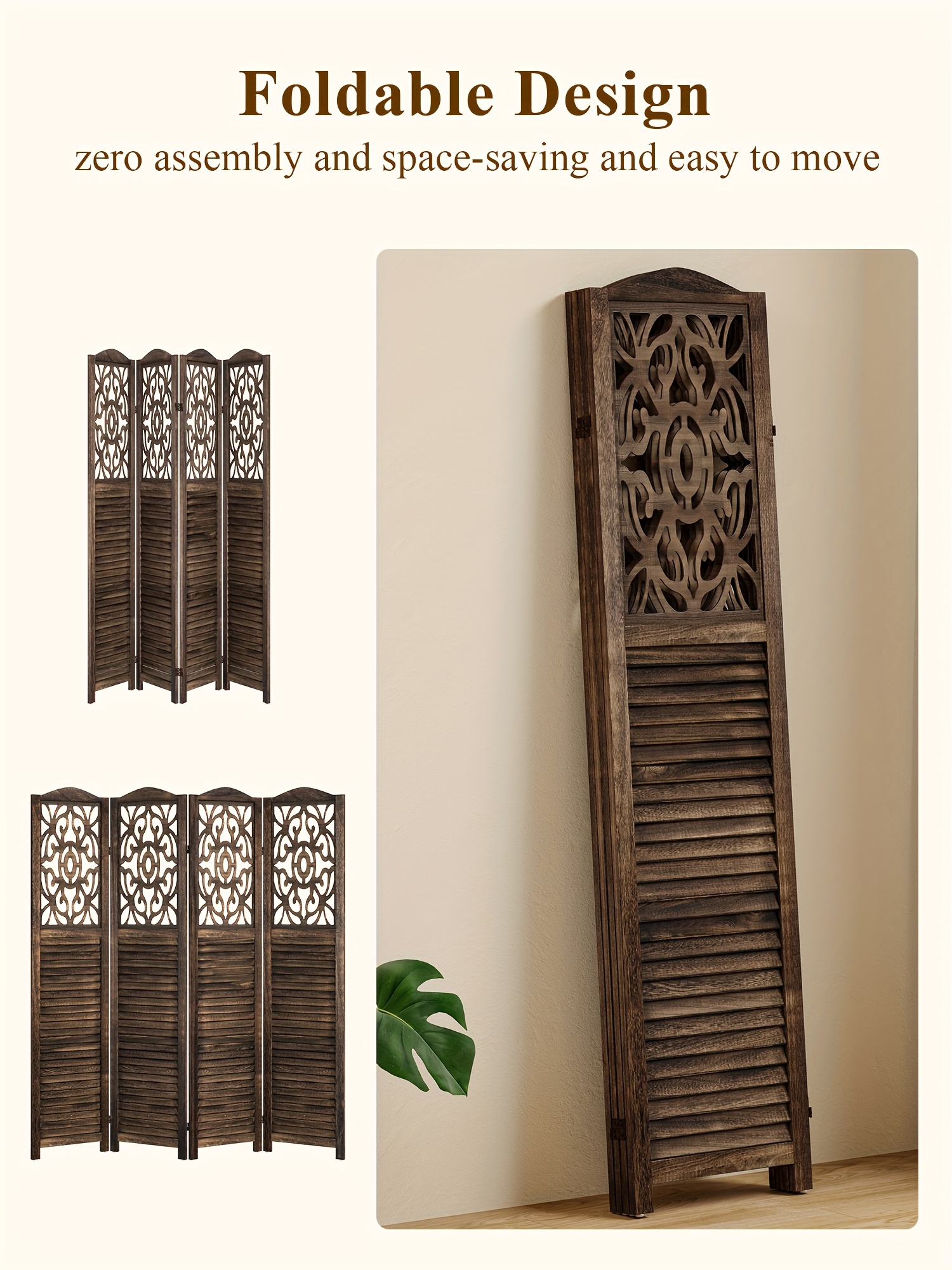 4/6 Panel Room Divider, 5.58 FT Folding Privacy Screen Room Separation, Freestanding Partition for Home Office Garden, Wood Carved Portable Room Divider Panel, Antique White/Rustic Brown