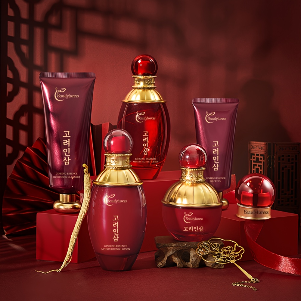 Colecție de îngrijire a pielii cu esență de ginseng coreean - Conține extracte vegetale, oferă hidratare profundă, întărește pielea, are o formulă ușoară și non-grasă, nu se aglomerează, prezentată într-o cutie cadou festivă