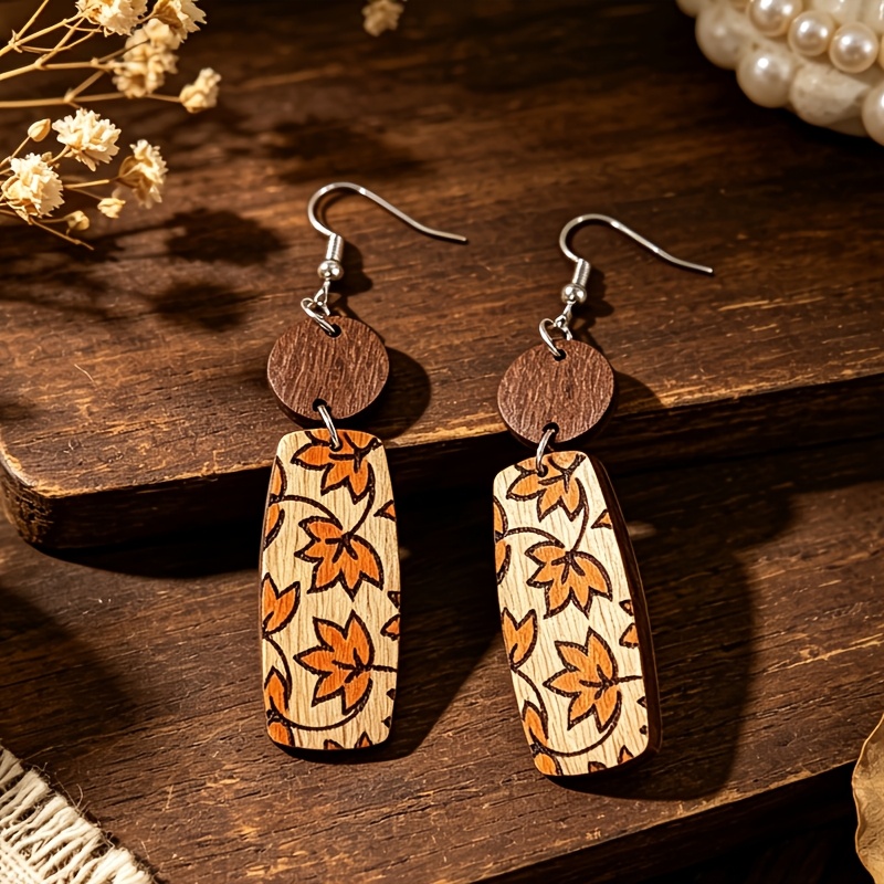 Retro Wooden Printed Maple Leaf Pendant Earrings