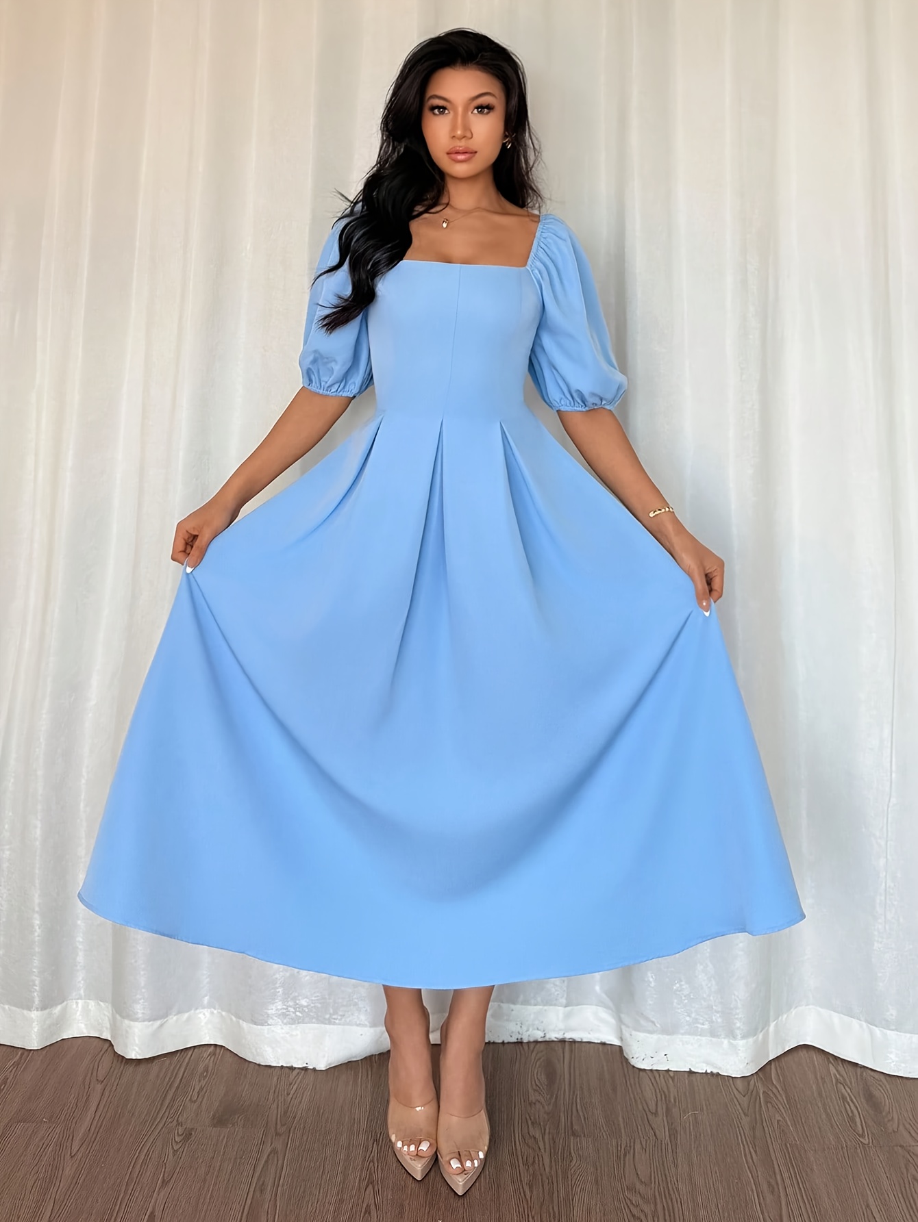 chinese dress ladies Women's Wedding Guest Semi Formal Dress Navy Blue Long Maxi Cocktail Wrap V  Neck Flutter Sleeve Dresses with Belt at Amazon Women's Clothing store main image 1