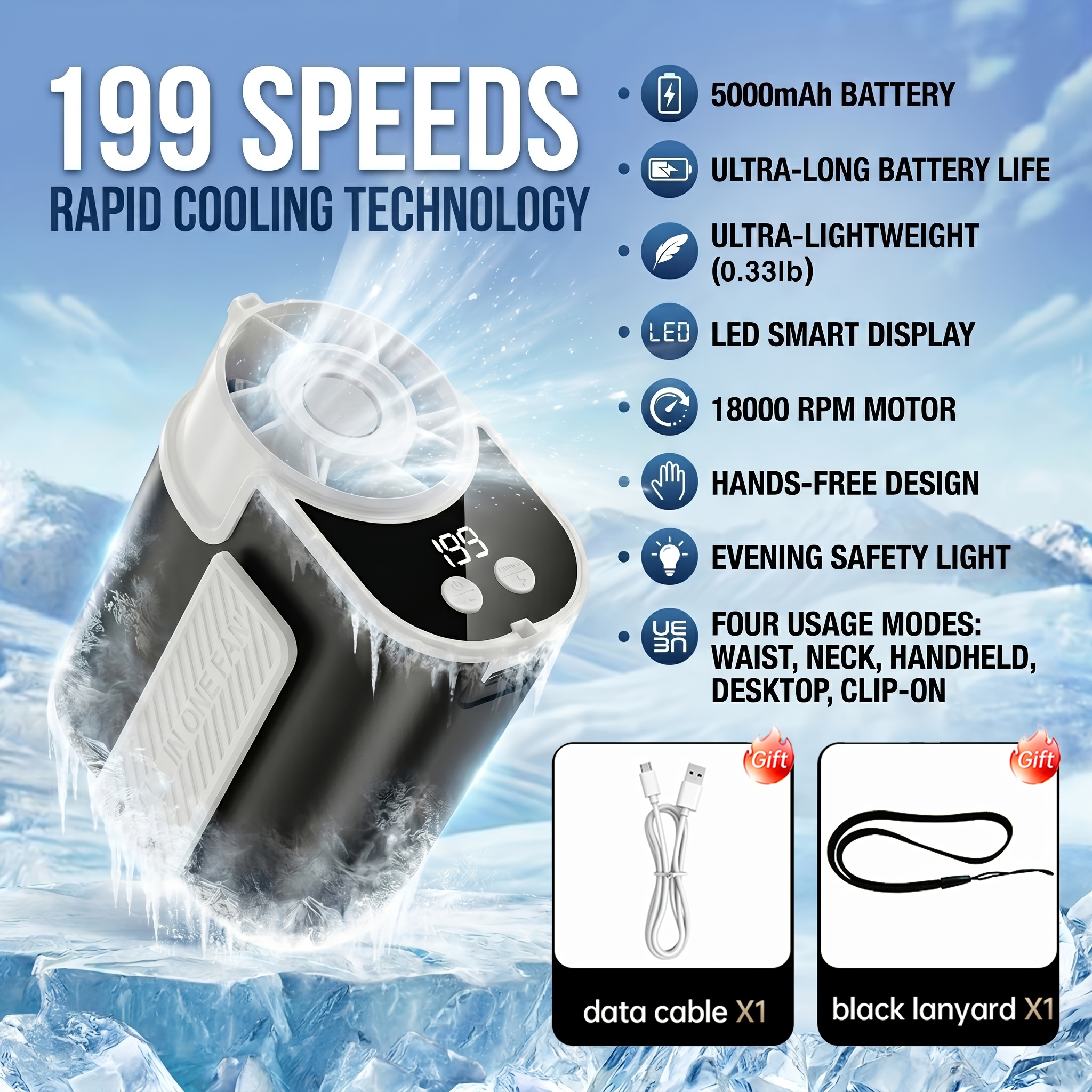 Clasp Fan, Desktop Fan, 5-speed, Ultra-miniature, Ultra-lightweight, Ultra-silent, Portable, , Hung On Neck, Collar And Waist, Meeting Multi-posture Cooling