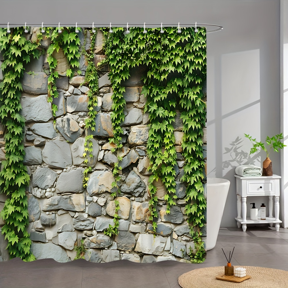 

1pc Stone Wall Ivy Pattern Shower Curtain With Hooks, Waterproof Bathroom Partition Curtain, Bathroom Accessories, Home Decor