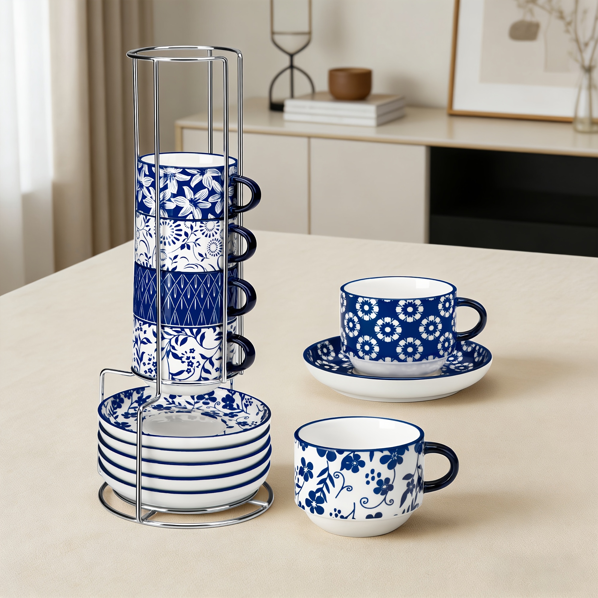 Image of 6pcs Porcelain Espresso Cup And Saucer Set With Metal Rack | Blue And White Floral Patterns | 9oz Coffee Cups With Saucers & Storage Stand | Microwave & Dishwasher Safe