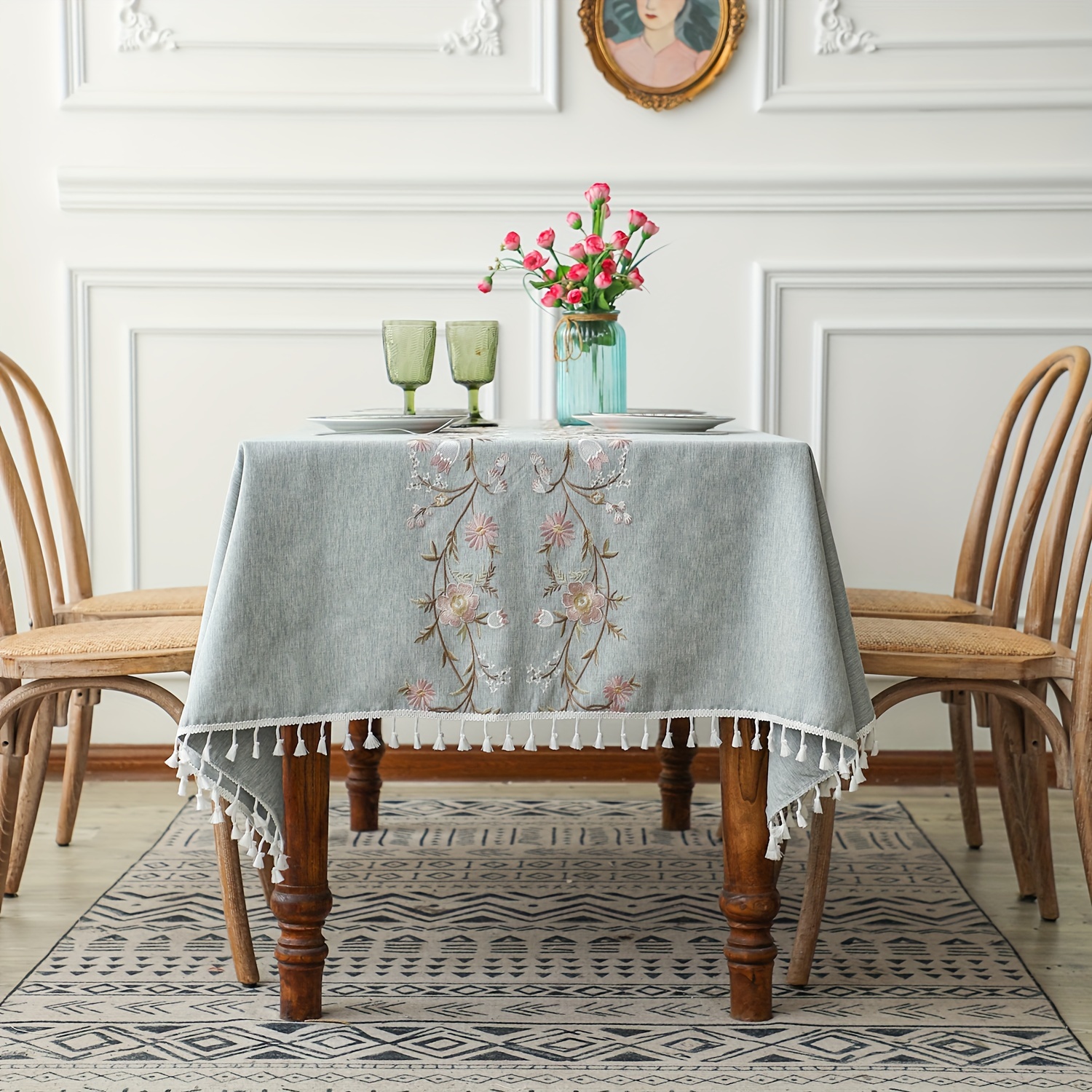 

Elegant Scandinavian-inspired Tablecloth - Rectangular, Polyester With Tassels For Dining & Coffee Tables