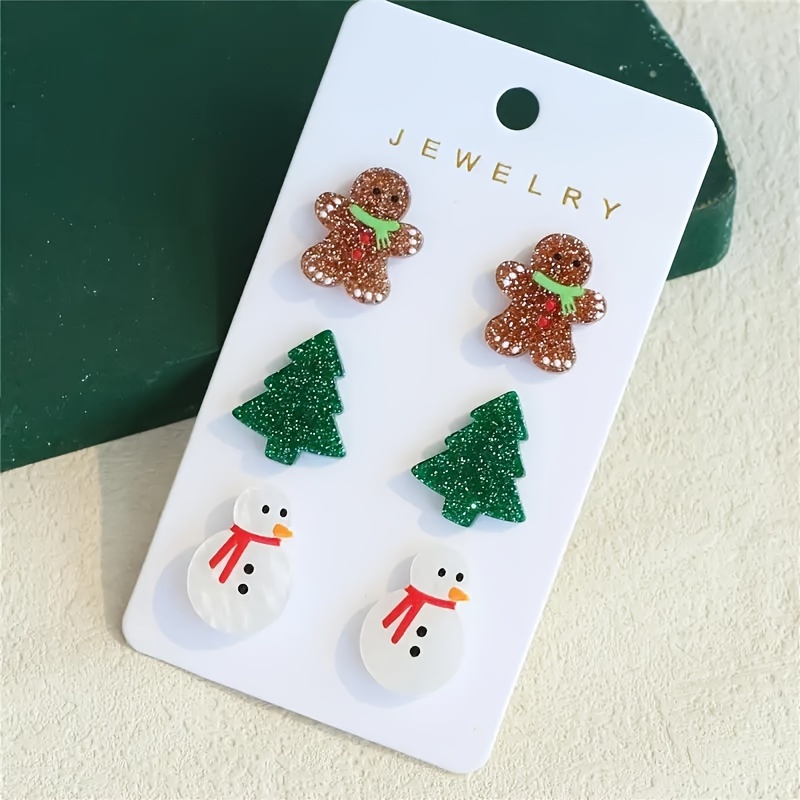 

3 Pairs Acrylic Christmas Tree Snowman Gingerbread Earrings, Women's Jewelry Set, Cute & , & Gift, Holiday Accessory