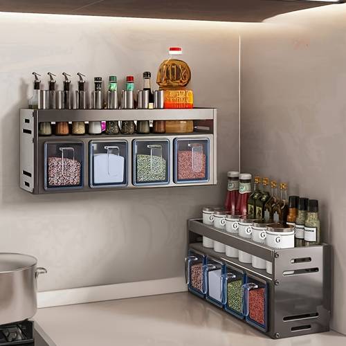 set of spice storage that mounted on the wall made of stainless steel featuring containers for seasonings spice boxes and shelves suitable for kitchens and dining areas
