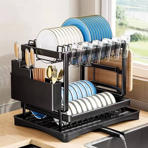 1 double layer dish rack utensil holder rust proof kitchen plate drying rack with drain tray and countertop utensil holder kitchen accessories