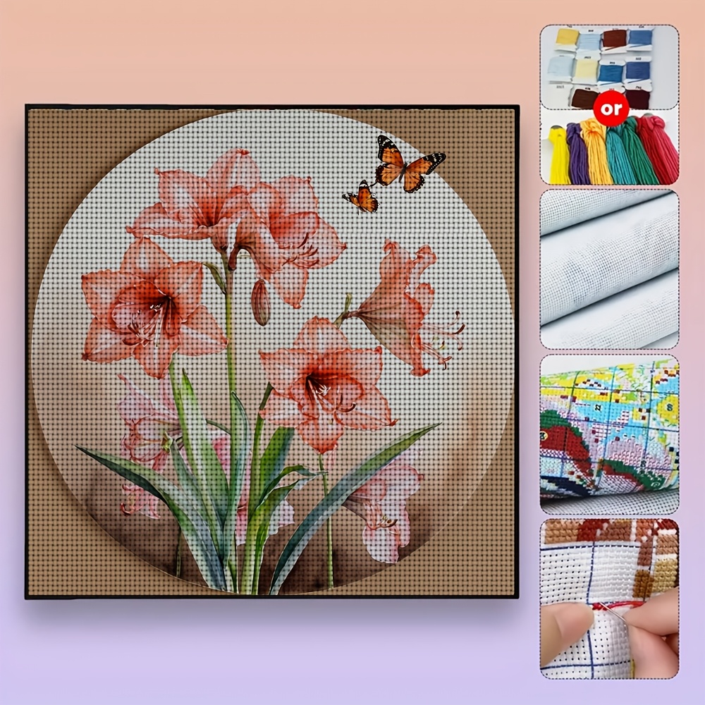 New Cross Stitch Printed Kit, Frameless, "Round Frame Floral Butterfly" Pattern
