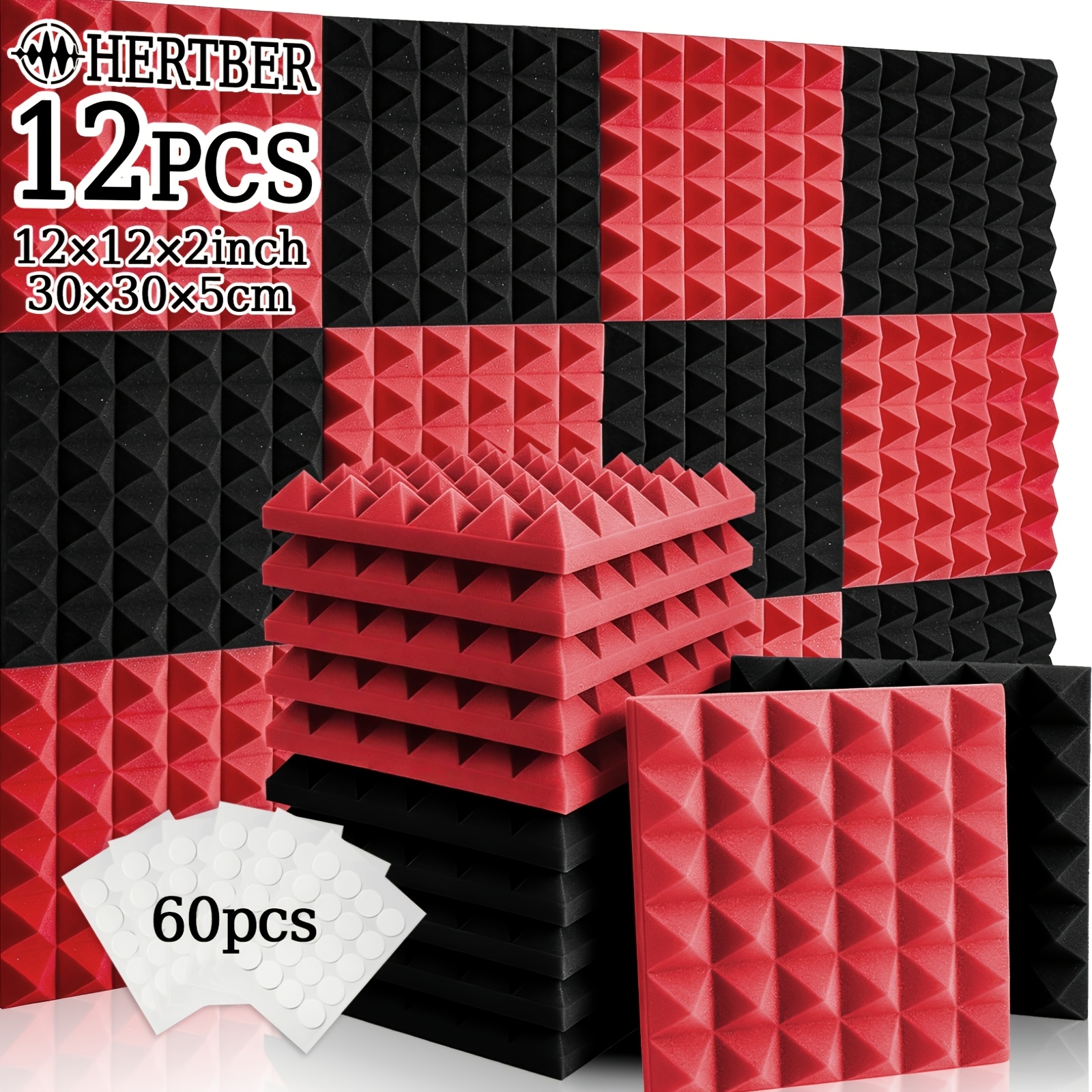 TEMU HERTBER Paquete de 12 Paneles de Espuma Acústica con 60 Cintas, Tableros de Densidad de 30X30X5Cm. Negro, , Negro-, Negro-, Negro-Azul. Reduce y