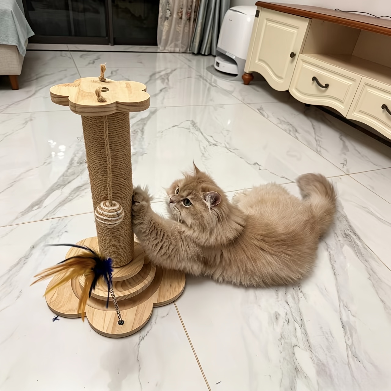 TEMU Multi-functional Jute Cat Scratching Post, Equipped With Rotating Balls And Cat Play Feathers, A Combined Scratching And Paw Protection