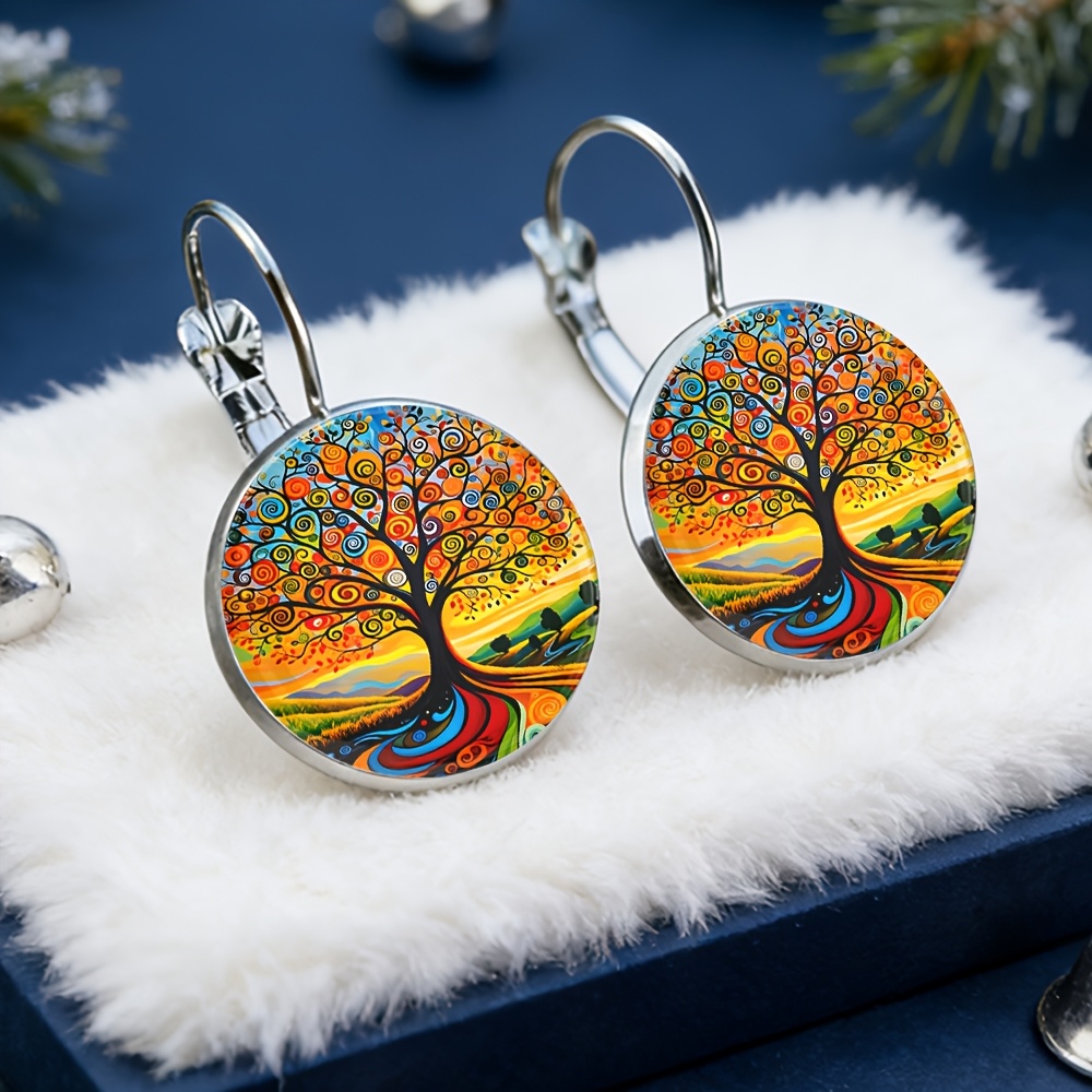 TEMU Boucles d'oreilles Arbre de Vie coloré, matériau en alliage, incrustation de verre, cadeaux de mode pour femmes, boucles d'oreilles exquises