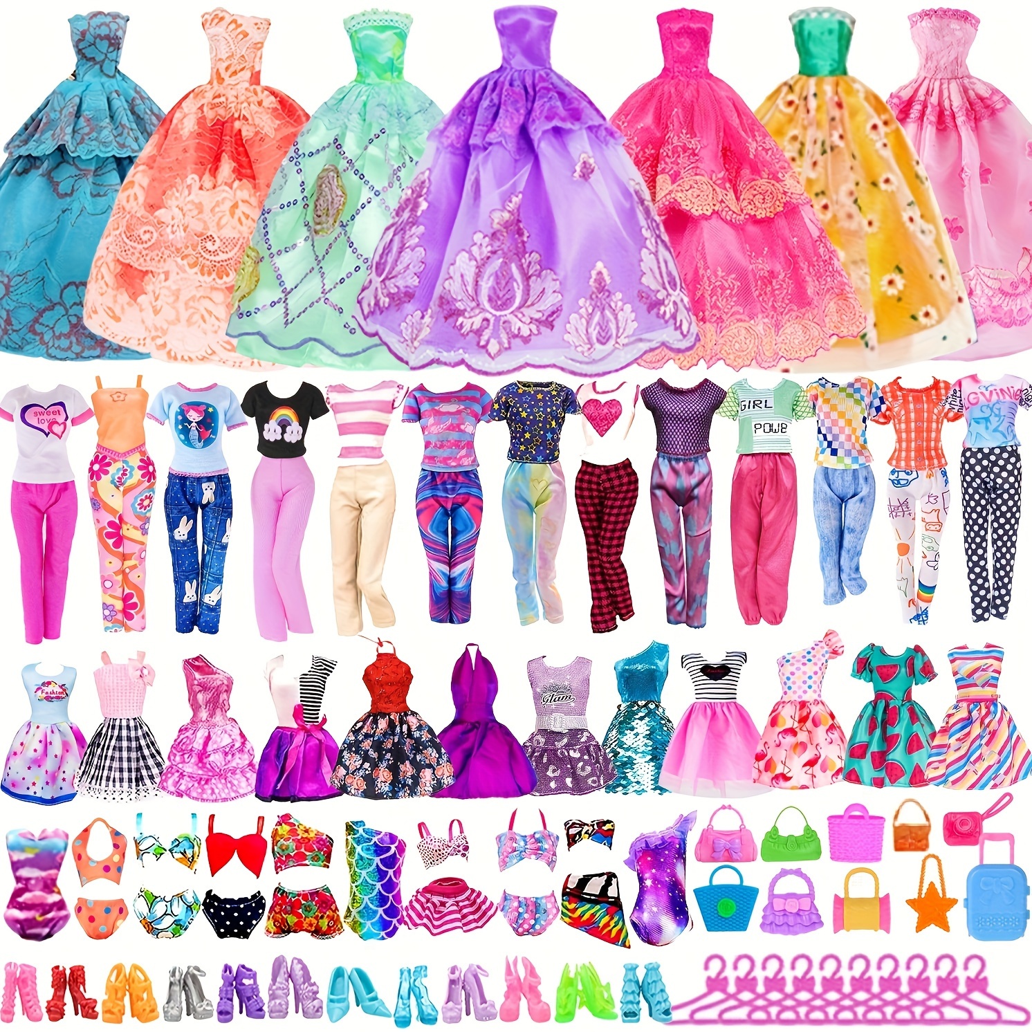 

49pcs 11.5 Inch Girl Doll Clothes And Accessories Set Include 3 Long Princess Dresses, 4 Tops, 4 Pants, 3 Bikinis, 5 Short Dresses, 10 Shoes, 10 Handbag, 10 Hangers