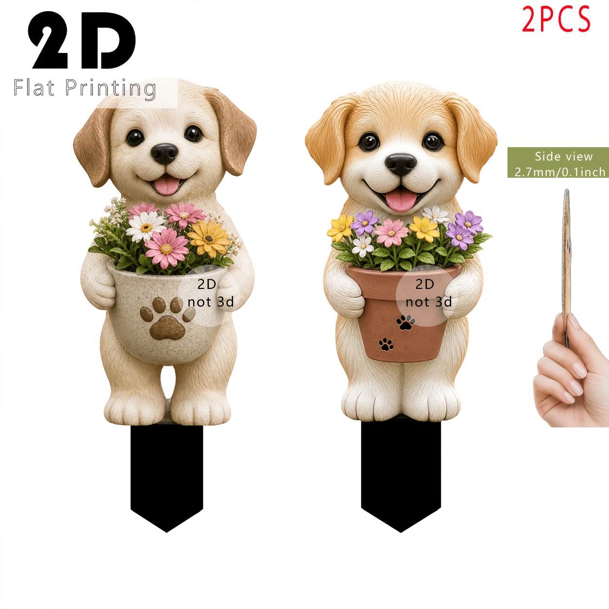 TEMU 2d Flat, 2d High-definition Printed Garden Stake Statues Featuring 2 Adorable Puppies Holding Flower Pots, No Electricity Required. Suitable For