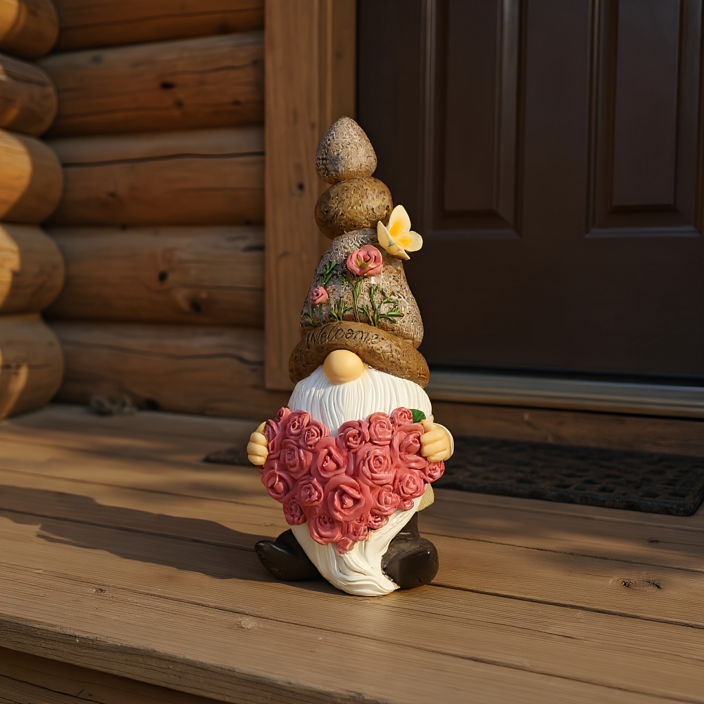 E-shop Große Outdoor-Gnom-Statue - 12,2 Zoll Naturstein-Optik Gartenfigur mit Blumenherz-Sockel, Resin-Willkommensgnom geeignet für Hof,