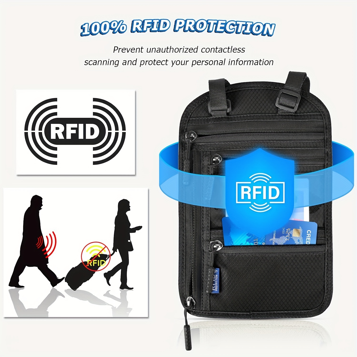 Pochette De Cou RFID Blocage – Portefeuille Et Porte-passeport Pour Femme/homme – Noir
