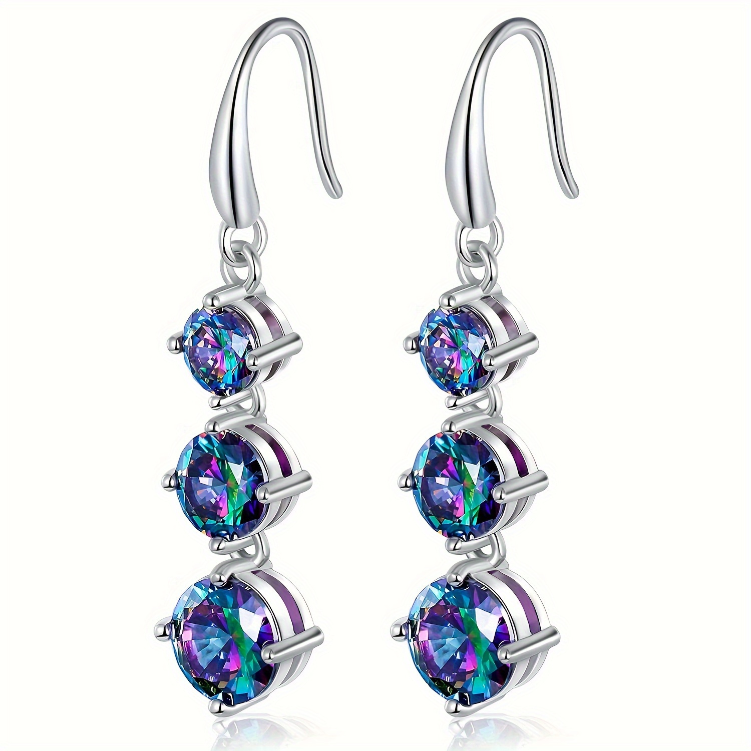 

Created Mystic Quartz Dangle Earrings For Women 18k White Gold Plated 5/6/7mm Round Colorful Cz Earrings Hypoallergenic Drop Fishook Earrings