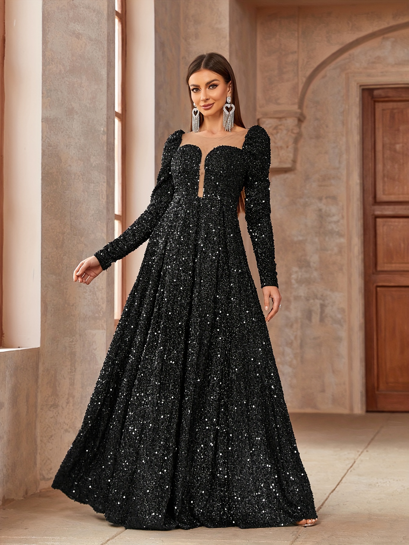 Solid Color Sweetheart Neck Sequins Contrast Mesh Black Dress womens elegant long sleeve a line sequin dress sweetheart - Temu