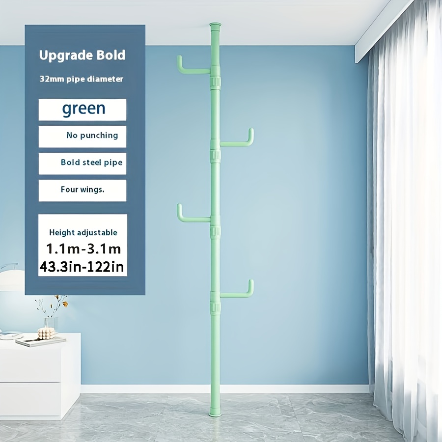 Adjustable Height Clothes Rack Rod with 4 Hooks, No Installation