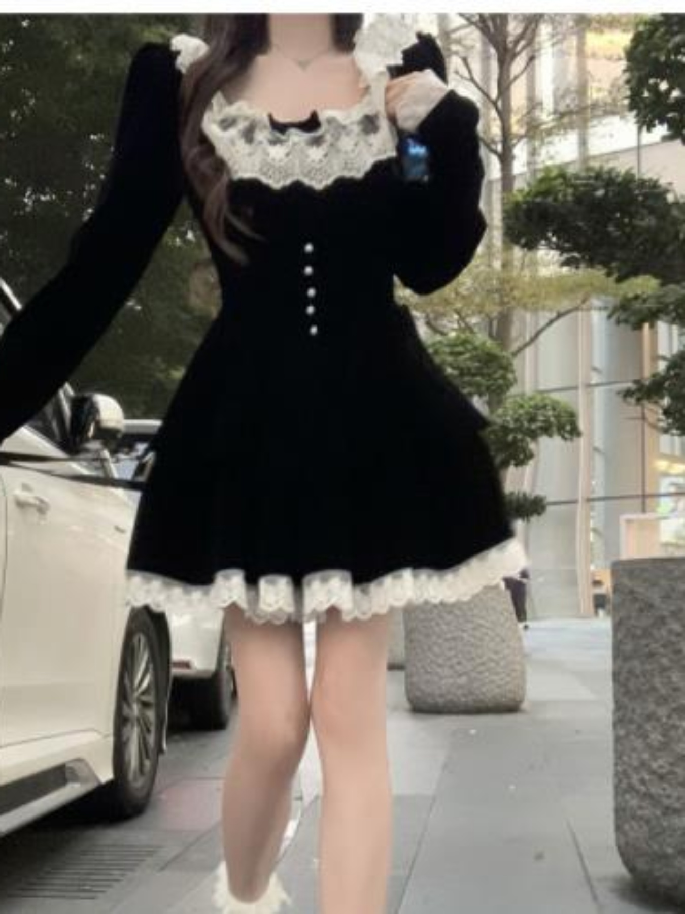 Elegant Black Velvet Dress with White Lace Trim Bow Detail Long Sleeve,  Round Neck, Flared Skirt Machine Washable Spring Fall