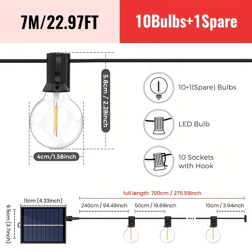 Solar String Lights Outdoor G40 Patio Lights With Remote Control, 8 Lighting , Shatterproof Bulbs, Hanging Light For Garden Outdoor Decoration
