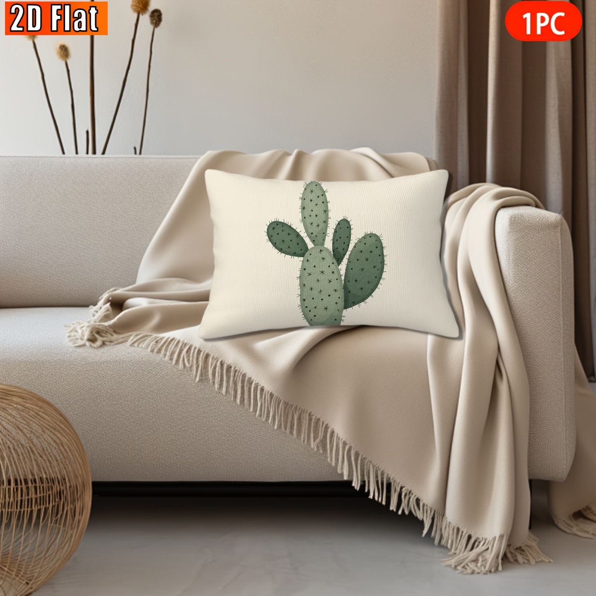 TEMU 2d Flat, 1pc, Throw Pillow Cover, Cactus Pattern Decorative Pillowcase, Used For Bed, Living Room, Car Decoration, No Pillow Insert, Valentine's