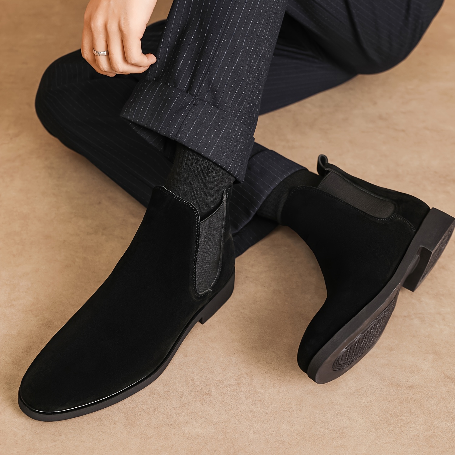 Men'S Classic Square Toe Chelsea Boots - All-Season Faux Ankle Dress Boots with Elastic Slip-On Closure, Solid Color, Rubber Sole, Fabric Lining for Daily & Business Wear