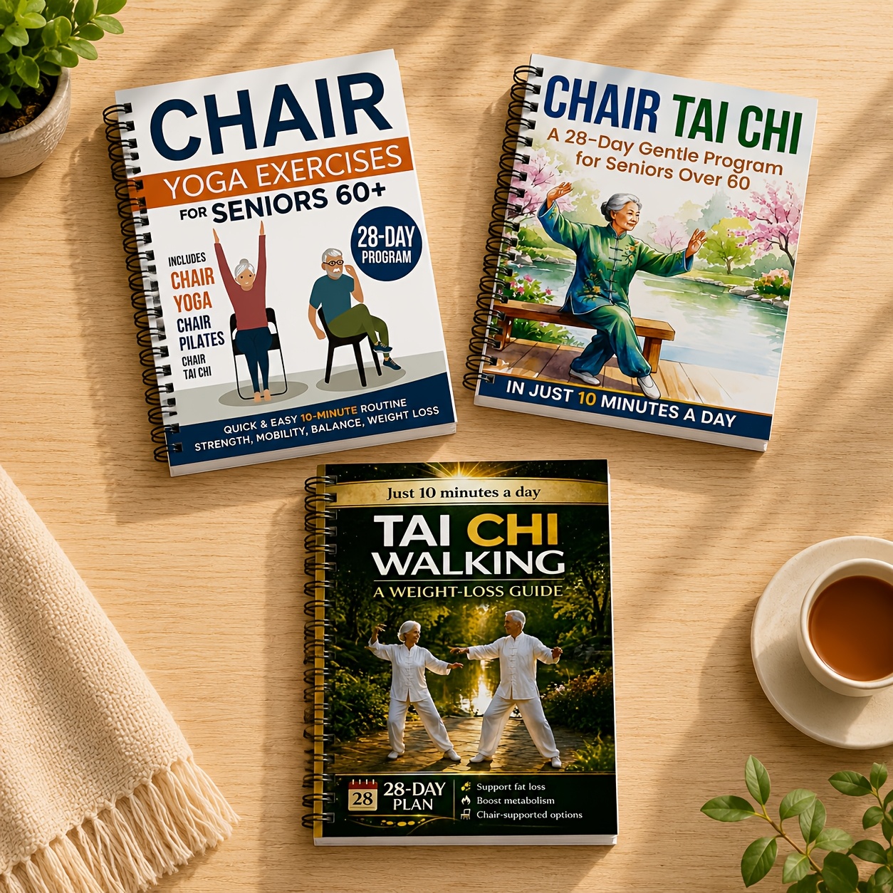 TEMU Elderly Chair Yoga And Tai Chi Three-book Set: 28-day Spiral-bound Guide For People Over 60, Including Chair Tai Chi Practice, Daily 10-minute
