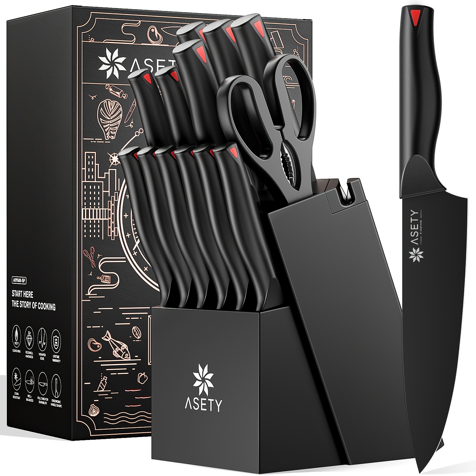 

Asety Knife Set, 15 Pcs Kitchen Knife Set With -in Sharpener , High Carbon Stainless Steel Knife Set, Nsf , Dishwasher Safe For Kitchen, Black, Gift Box