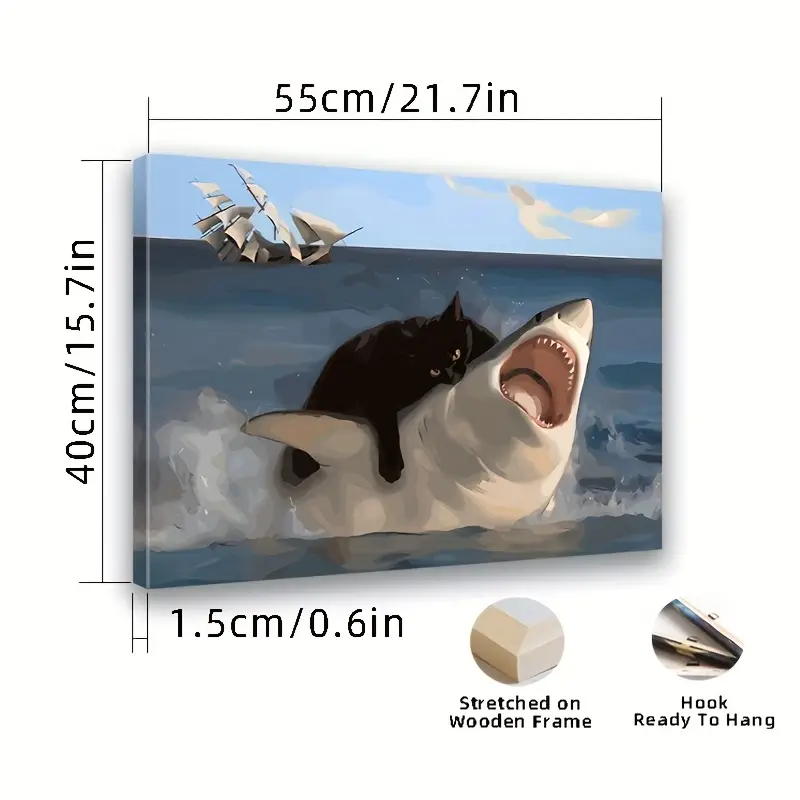 Cuadro De Tiburón Enmarcado Lienzo 280gsm - Imagen HDR Giant Shark (Varios Tamaños) Arte Contemporáneo UK