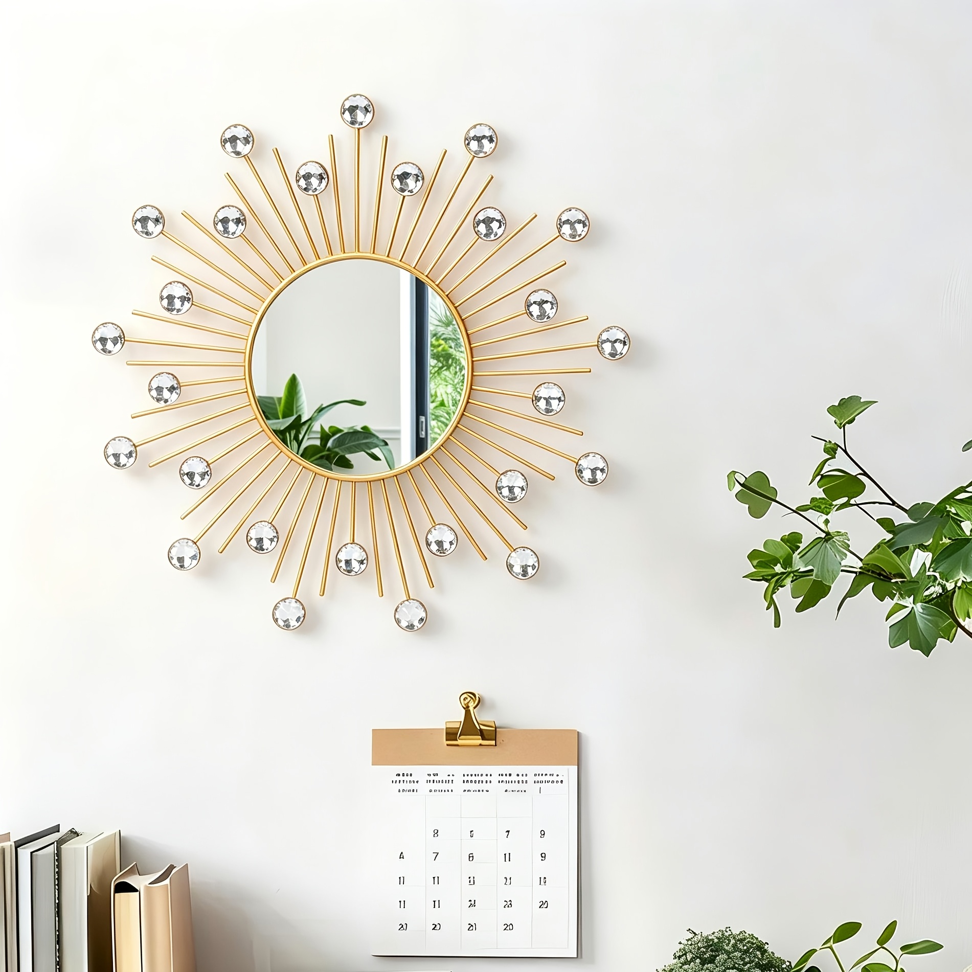 TEMU Golden/silvery Sun-patterned Crystal Decorative Wall Mirror, Modern Luxurious Sun-shaped Accent Mirror With Crystal Decorations, Round