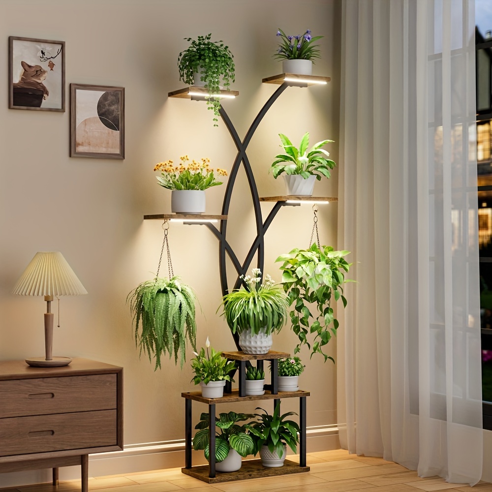 

1pc Garden -tier Metal Plant Stand With Grow Light, Usb Powered Indoor Tree Shaped Flower Holder, Corner Shelf For Living Room, Balcony, Entrance - Flower Theme Decor