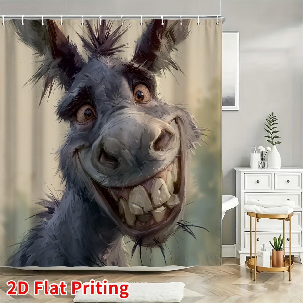 TEMU 2d Flat, 1pc Funny Donkey Shower Curtain Suitable For - Bathroom Decor, Wrinkle-resistant With Grommet Top & Grinning Donkey Design - Farmhouse