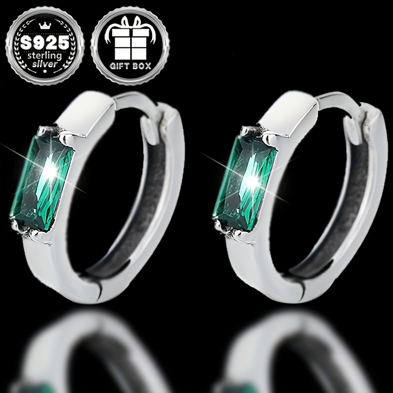 TEMU 2pcs Pure Silvery Low Allergy Simple Inlaid Small Square Green Synthetic Zirconia Earrings Elegant Unisex Versatile Jewelry . 1.9g