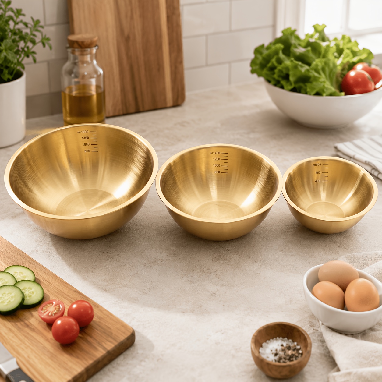 TEMU A Set Of 3 Thickened Golden Stainless Steel Salad Bowls, Mixing Bowls, Oven-safe, Durable Kitchen Mixing Bowls With Measurement - Perfect For