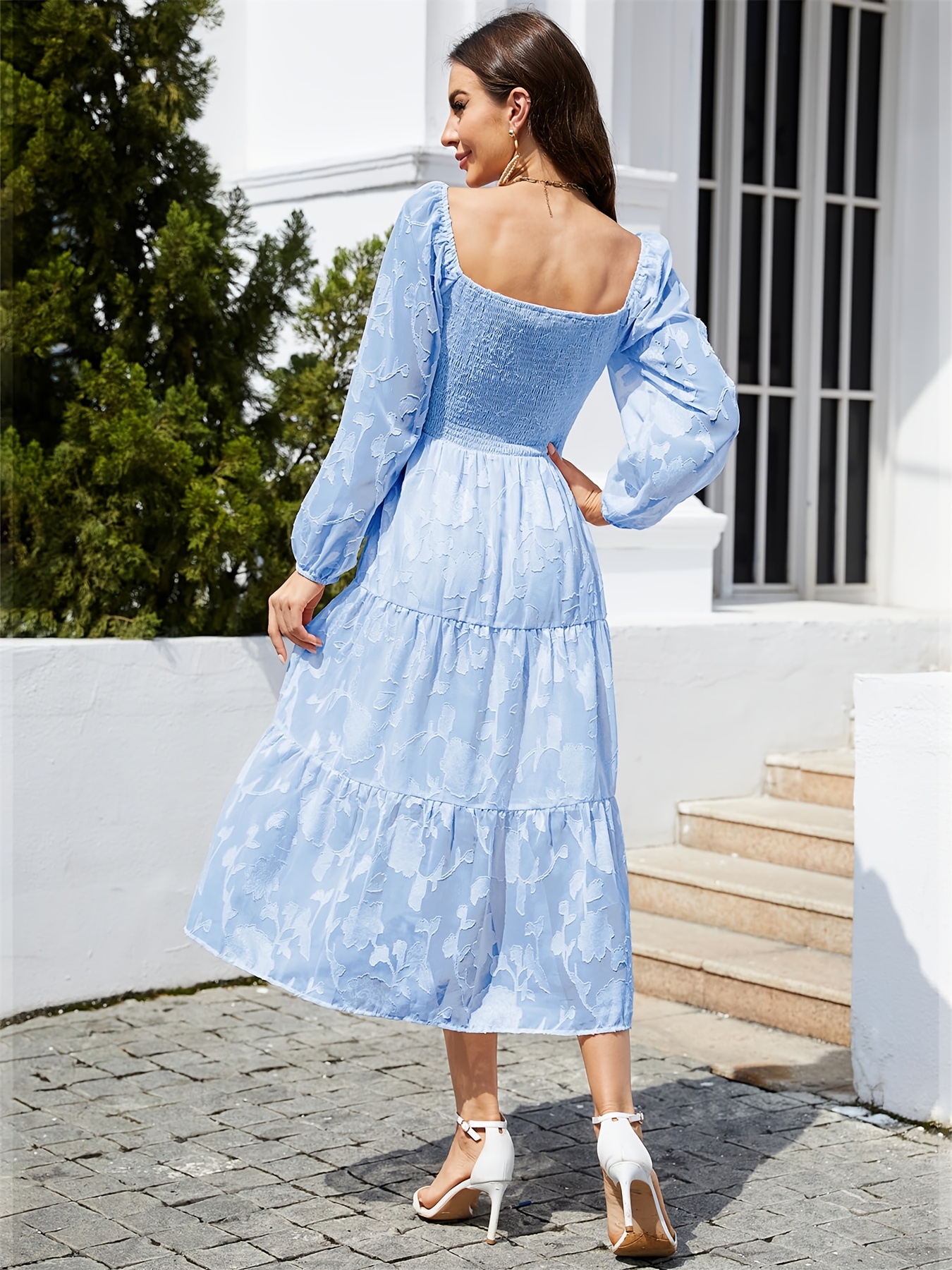 women long sleeve smocked floral flowy dress square neck a - Temu
