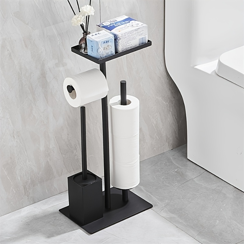 Image of 1 Free-standing Bathroom Toilet Paper Holder With Brush, Floor-to-ceiling Roll Holder With Toilet Brush, Durable - Design, Bathroom Storage Accessories, Black