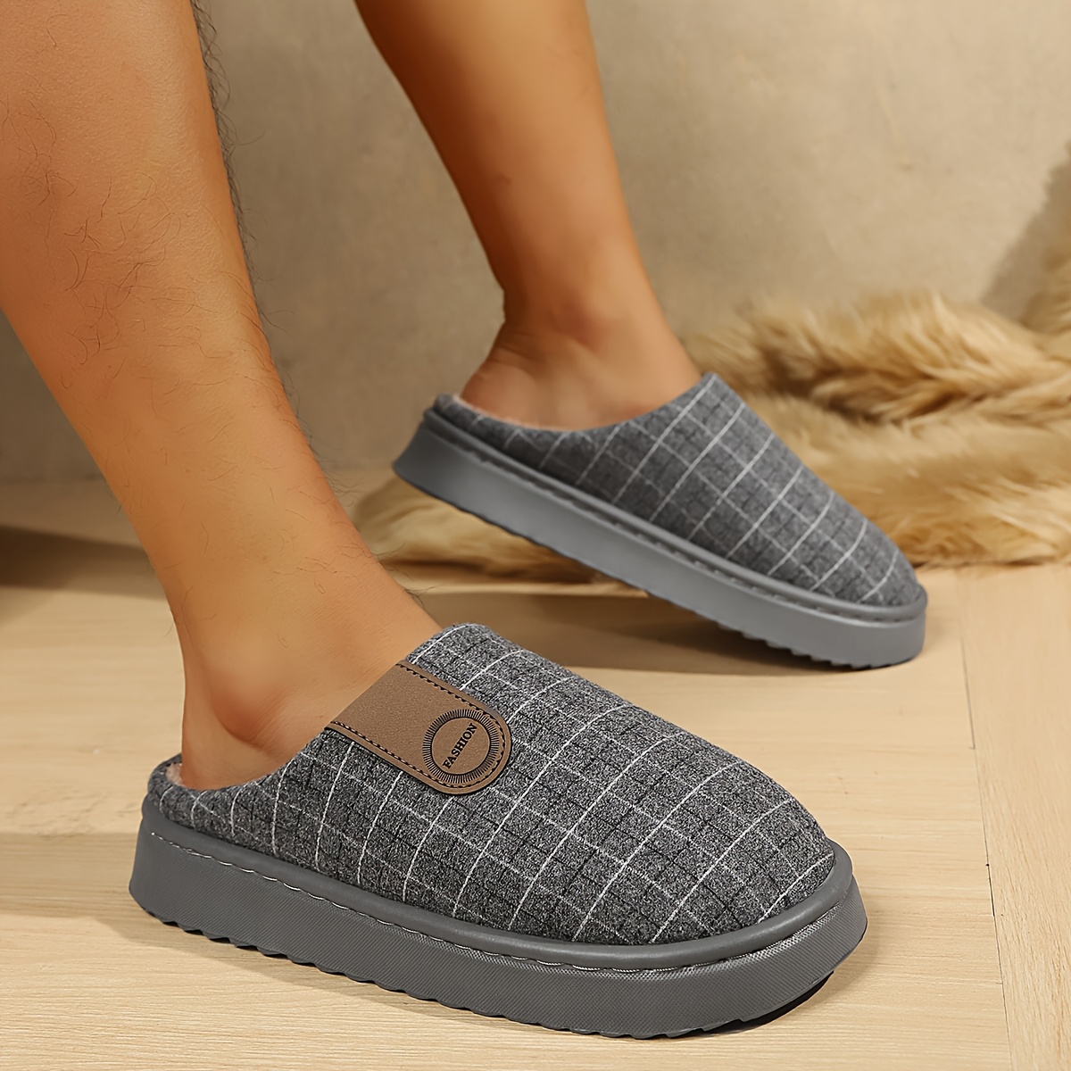 TEMU Autumn Winter Men's Home Size Slippers, Easy Solid Color Indoor Shoes, Men's Home Bedroom Plush Slippers