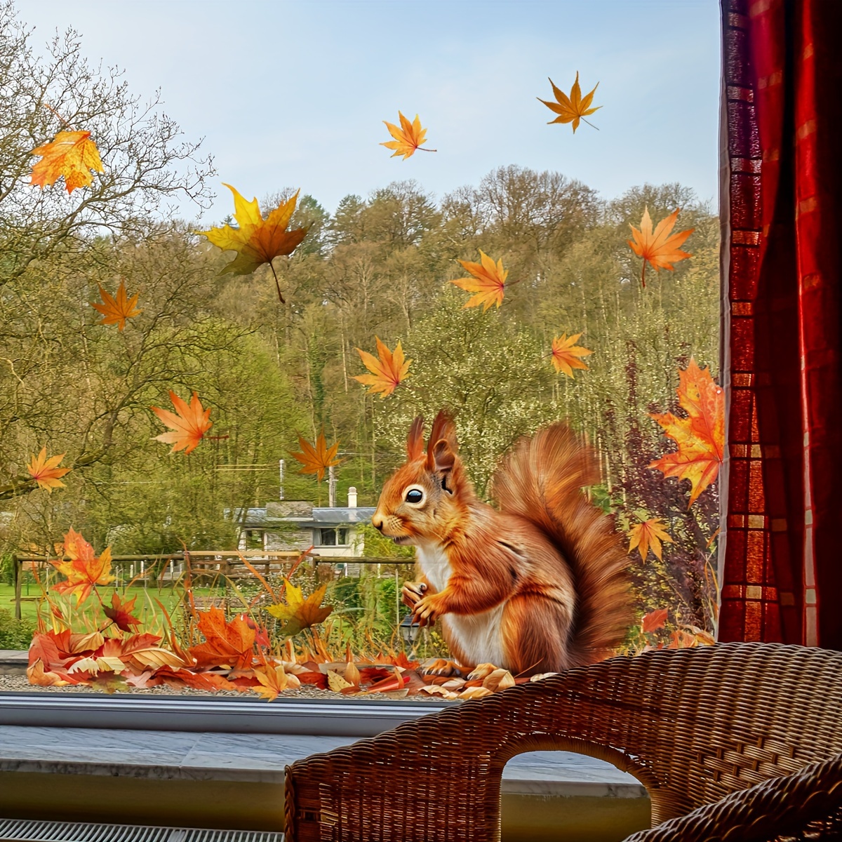 

Room Decor A Decorative Window Sticker For The Bedroom Featuring Autumn Squirrels And , Suitable For Glass With Static Cling, Double-sided Printing, And From (dj7055-yc).