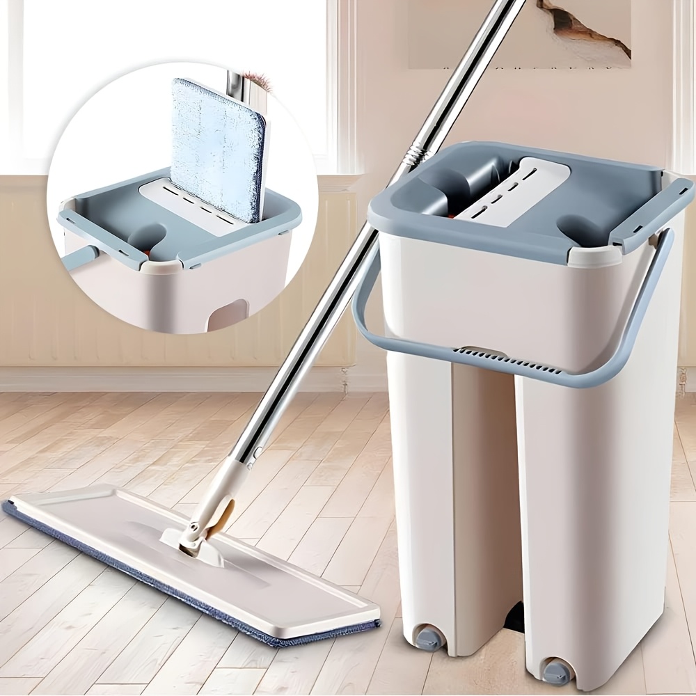 Mop And Bucket With Wringer Set, Hands Floor Mop And Bucket, 4 Washable Microfiber Pads Included, Wet And Dry Use, Home Floor Cleaning System For All Floor Types And Windows