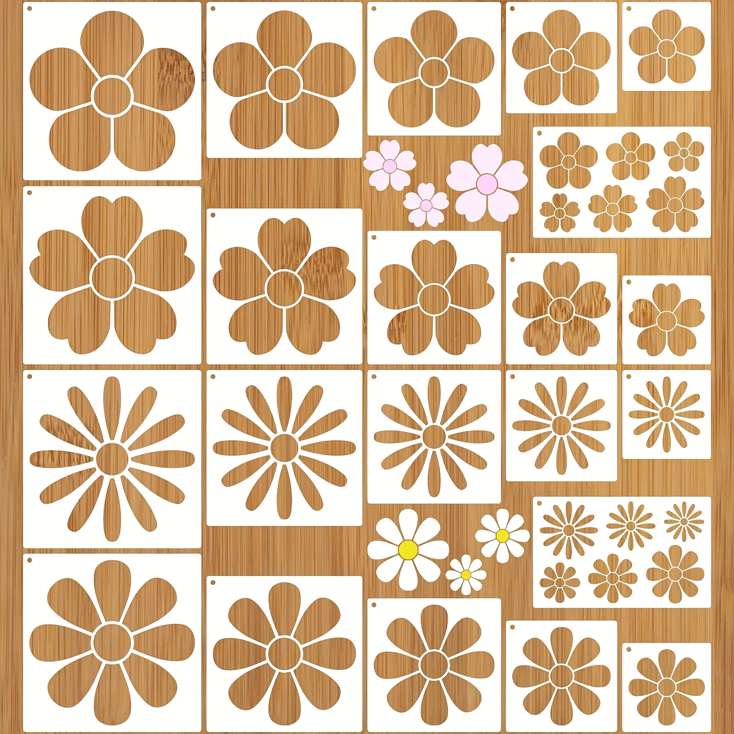 Image of 22pcs Large Flower Stencils For Painting, Plastic Reusable Floral Daisy Stencils For Crafts Wood Burning Drawing Painting On Wall Wood Canvas