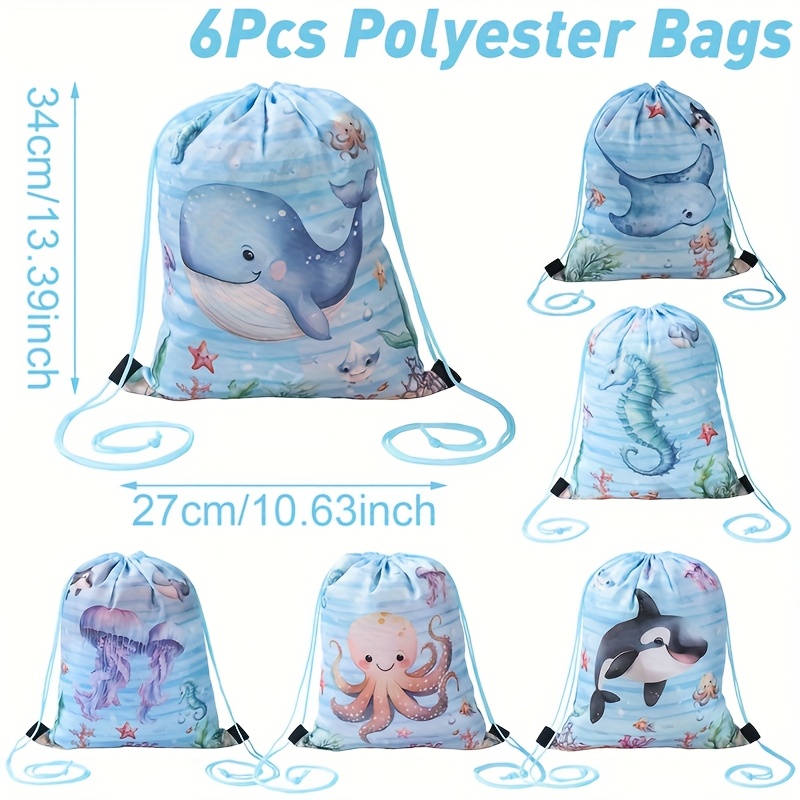 TEMU Gift For Her/him Set Of 6 Drawstring Bags Featuring Marine Creatures Like Whales, Sharks, Starfish, And Jellyfish. Colorful Backpacks With A