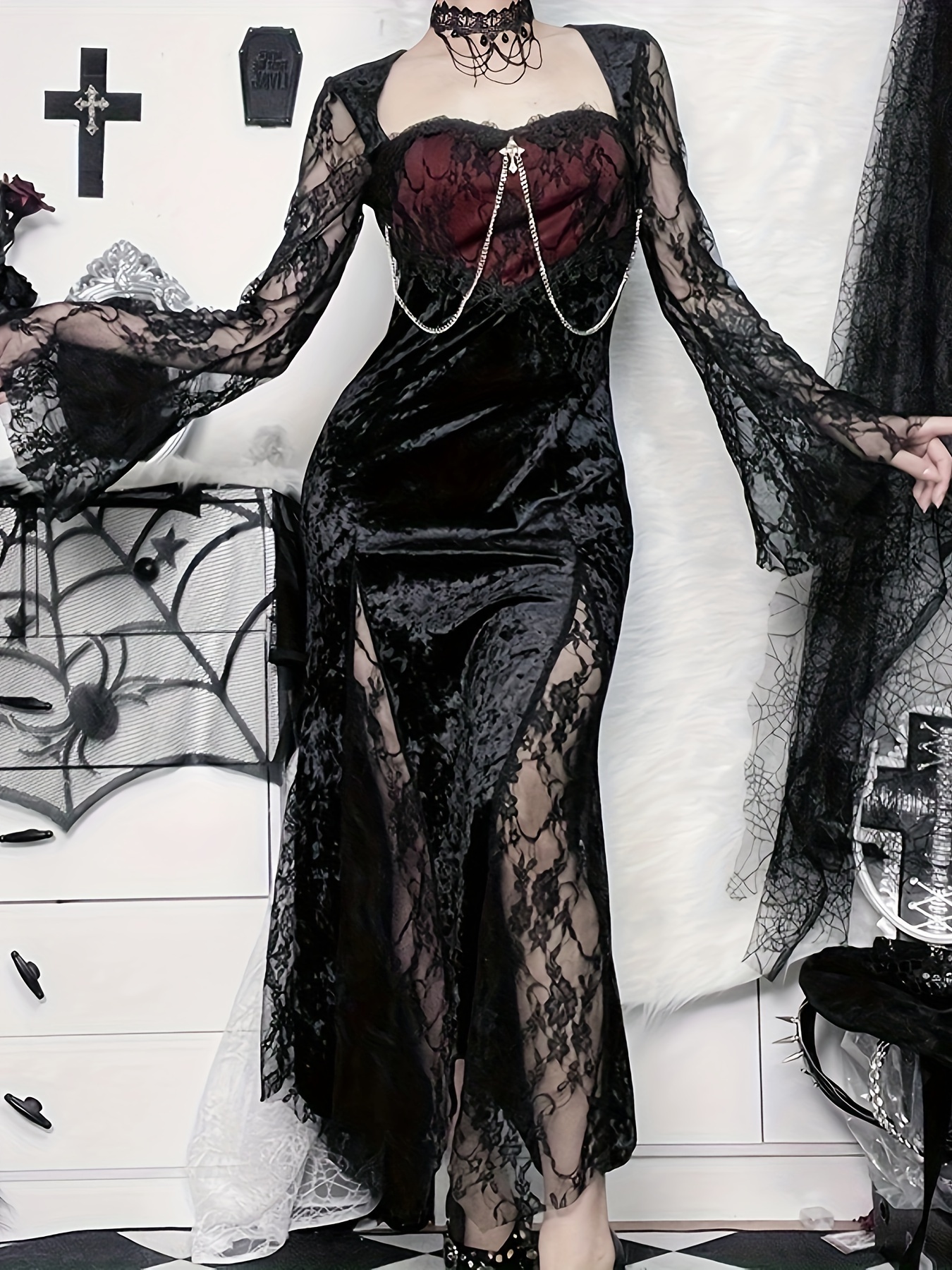 Solid Contrast Lace Dress Gothic Drawstring Solid Mini Dress - Temu