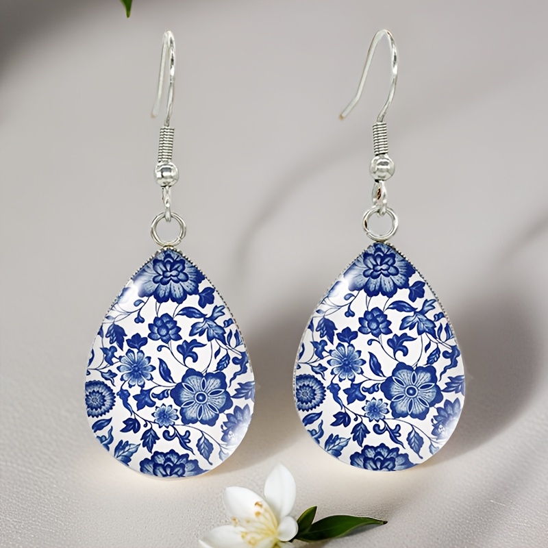 E-shop Blau-weiße Porzellanmuster Tränenförmige Fischhaken Ohrringe - Edelstahl Hängeohrringe mit Mosaik-Einlage, Vintage Chinesisches Design, Ohne